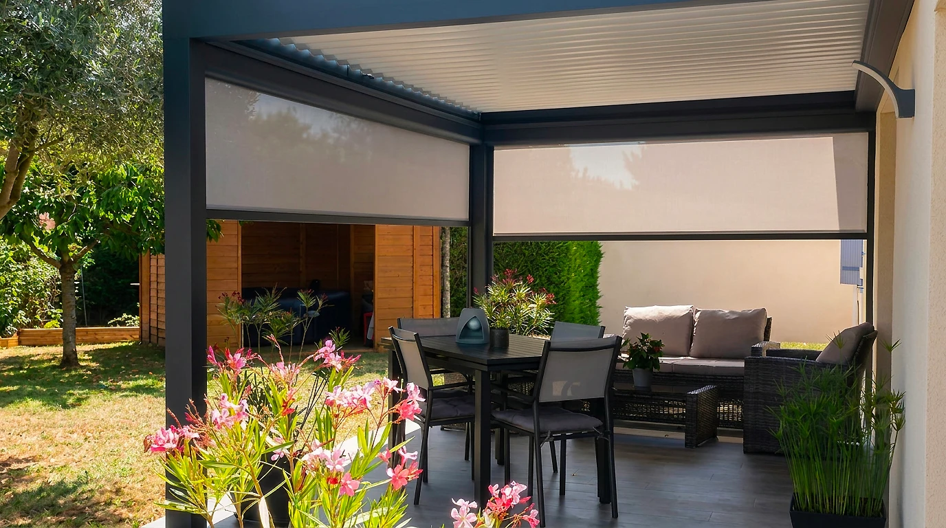 Terrasse extérieure moderne avec pergola bioclimatique à lames orientables en aluminium anthracite