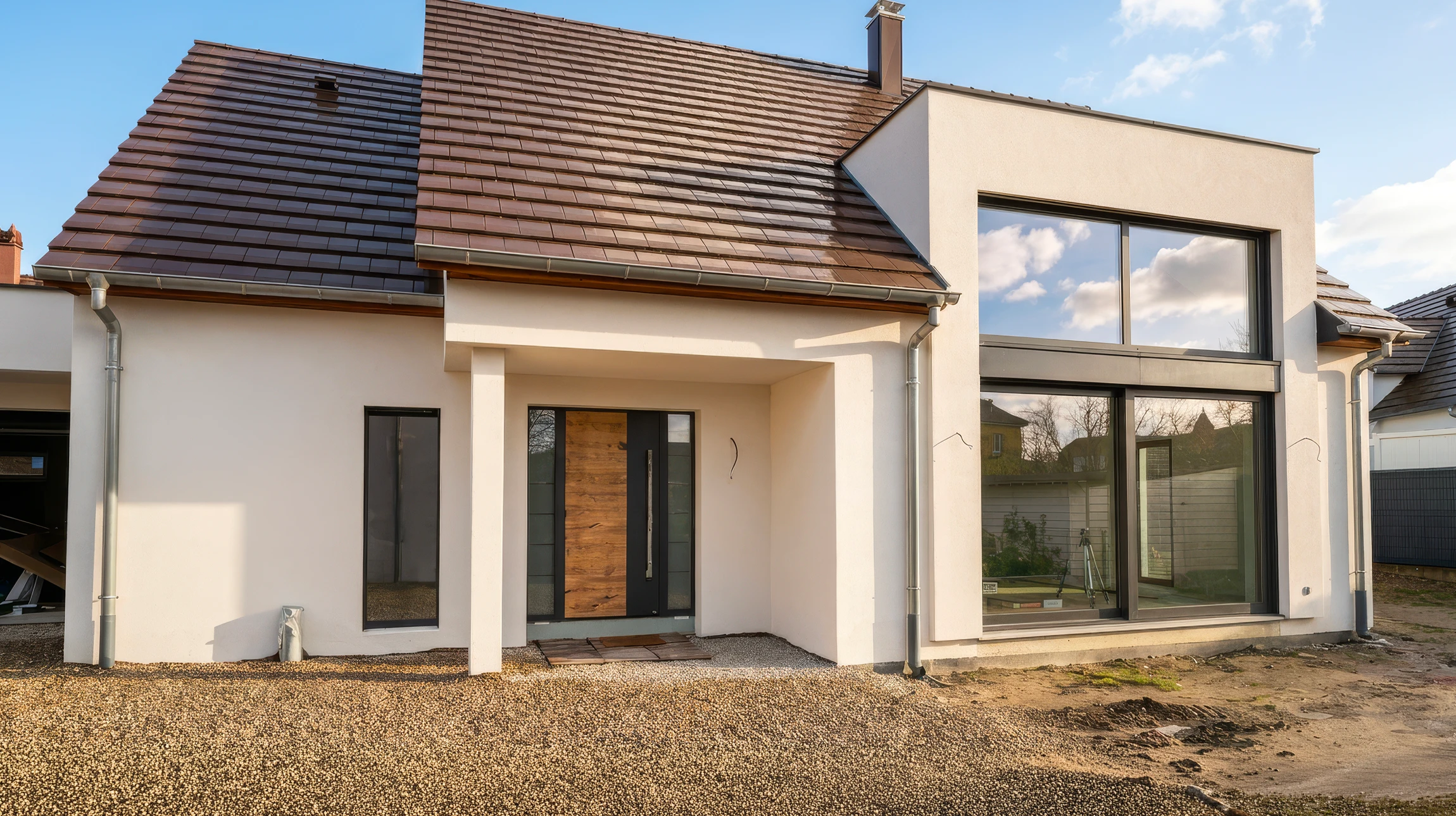 Façade extérieure d'une maison contemporaine sous ciel bleu avec terrasse au premier étage et entrée principale au rez-de-chaussée